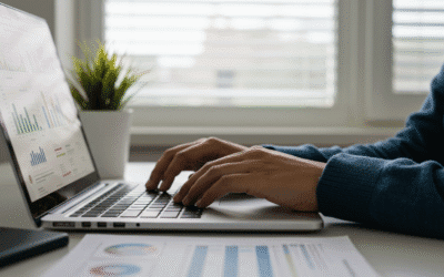 Student reviewing exam results on a laptop at a minimalist desk
