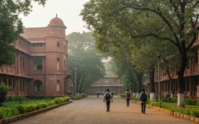 University campus walkway with historic red brick buildings and students walking
