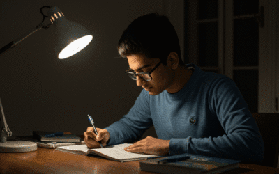 Student studying at a desk by lamp light in the final week of CUET UG 2026