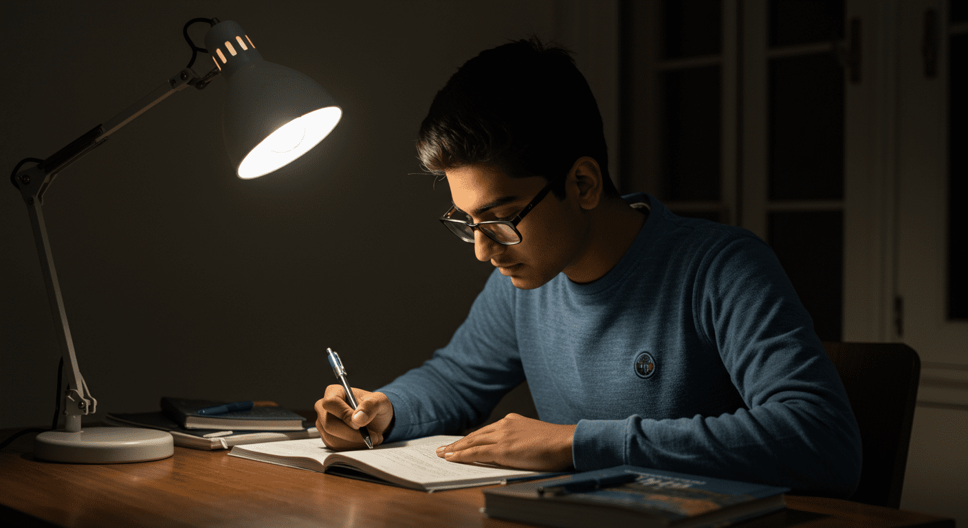 Student studying at a desk by lamp light in the final week of CUET UG 2026