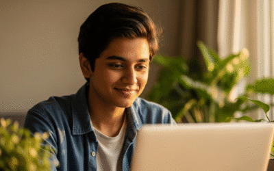 Indian student smiling while viewing a laptop screen at home in warm afternoon light
